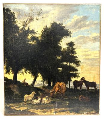 painting of a group of cattle grazing in a field with trees in the background