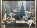 a painting of a still life with a pitcher and other items on a table