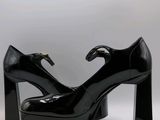pair of black high heeled shoes on a white background