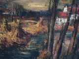 a painting of a river running through a rural area
