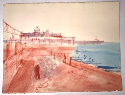 une aquarelle représentant des personnes marchant sur la plage