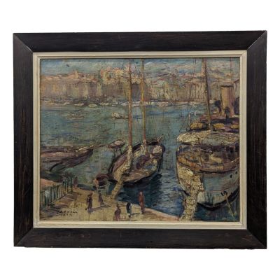une image représentant un tableau montrant des bateaux dans un port, avec une ville en arrière-plan