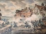 an old painting of a group of men standing in front of a building