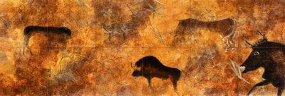 a painting of a man riding a horse with two horses in the background