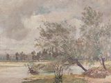 an image of a painting of a landscape with a river and trees