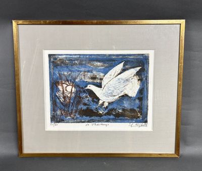 un tableau représentant un oiseau survolant un plan d'eau