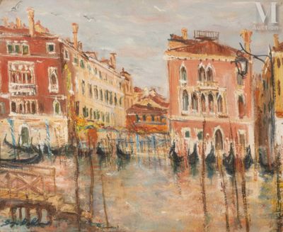 painting of a canal scene with gondolas and buildings in the background