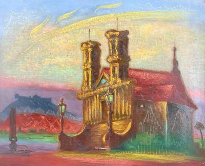 painting of a painting of a church with a clock tower in the background