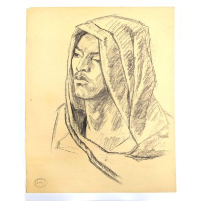 dessin au crayon représentant une femme en sweat à capuche, les yeux fermés
