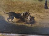 a painting of a dog and a cat on a leash