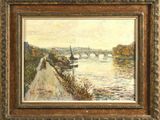 l'image d'une peinture représentant une rivière avec un pont en arrière-plan