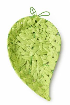 ornement représentant une feuille verte tissée sur fond blanc