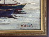 a painting of two boats in the water on the shore