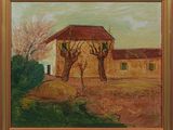 une peinture à l'huile représentant une maison et des arbres dans un champ