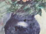 a painting of flowers in a blue vase on a table