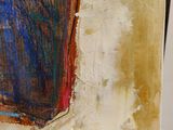 an image of a painting of a blue and red vase on a table