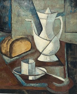 une peinture représentant une cruche blanche et une miche de pain posées sur une table