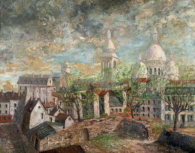 une peinture représentant une vue de la ville depuis une colline