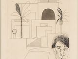 an image of a drawing of a man sitting in front of a building