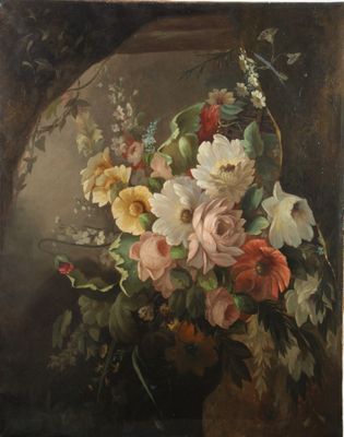 une image d'une peinture de fleurs dans un vase sur une table