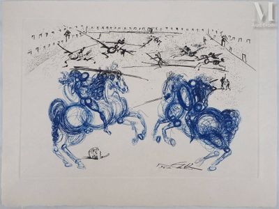 dessin représentant deux chevaux, avec un homme sur l'un et une femme sur l'autre