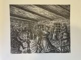 drawing of a group of people in a room with a fireplace
