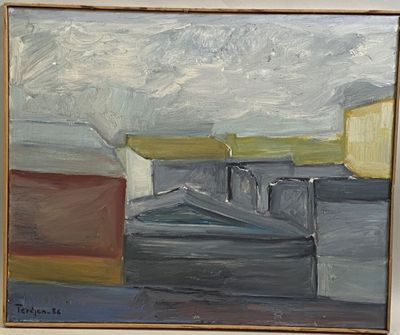 a painting on the wall of a building with a boat in the foreground