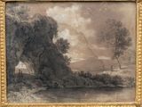 painting of a landscape with a river and trees in the foreground