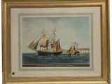 painting of three ships in a body of water with a pier in the background