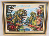 painting of a road with trees and flowers in a gold frame
