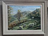 a painting of a herd of sheep grazing on a hill