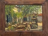 an oil painting of a courtyard with a bench and trees in the foreground