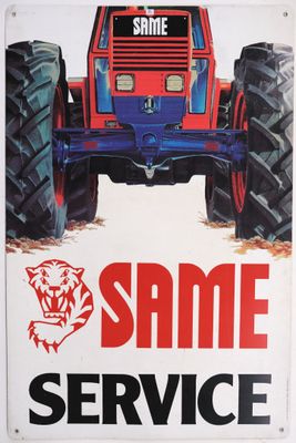 a sign that says same service on the front of a tractor