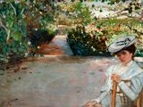 a painting of a woman sitting on a chair in a garden