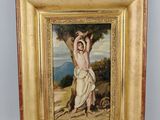 a painting of a man holding a cross in his hands