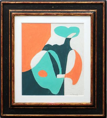 painting of a vase with a green and orange design in a black frame