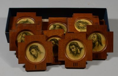 six wooden coasters with pictures of jesus and other religious figures