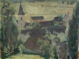painting of a landscape with a church and a river in the foreground