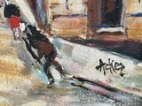 a painting of a man riding a snowboard down the street