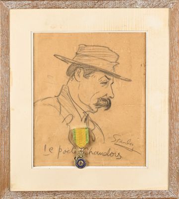 dessin représentant un homme coiffé d'un chapeau, tenant une médaille à la main