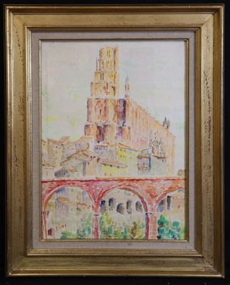 an oil painting of a building with a clock tower on top of it