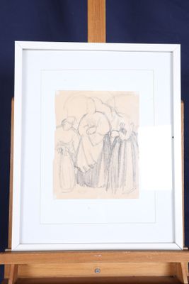 dessin représentant un homme et une femme debout devant un tableau posé sur un chevalet