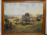 peinture d'un chariot couvert avec du bétail dans un champ avec des montagnes en arrière-plan