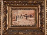 an oil painting of a street scene with people walking down the street