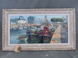 une photo d'un tableau représentant des bateaux amarrés dans un port