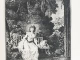 an old picture of a woman sitting on a bench in a park