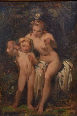 an oil painting of two nudes in a wooded setting