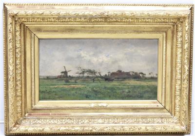 l'image d'une peinture représentant un champ avec une maison au loin