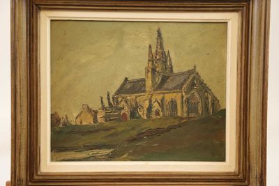 une image représentant un tableau d'une église située sur une colline