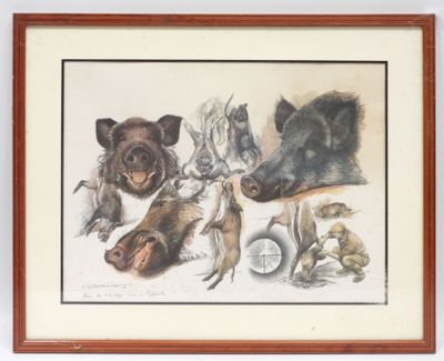 tableau représentant un groupe d'animaux, encadré dans un cadre en bois et accroché au mur